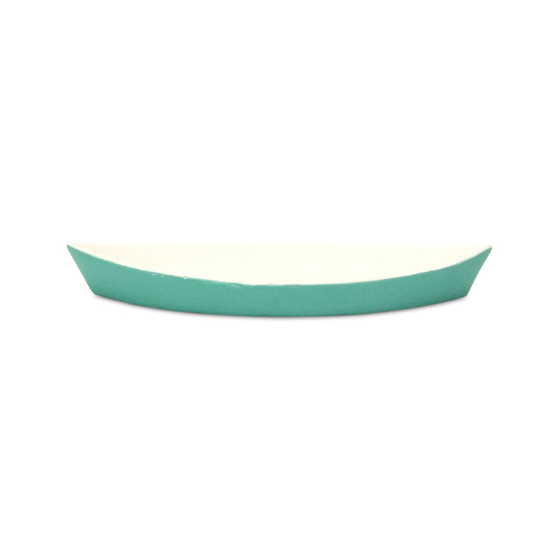 10" Aqua And White Cast Iron Oval Boat Shaped Tray - Kitchen & Dining