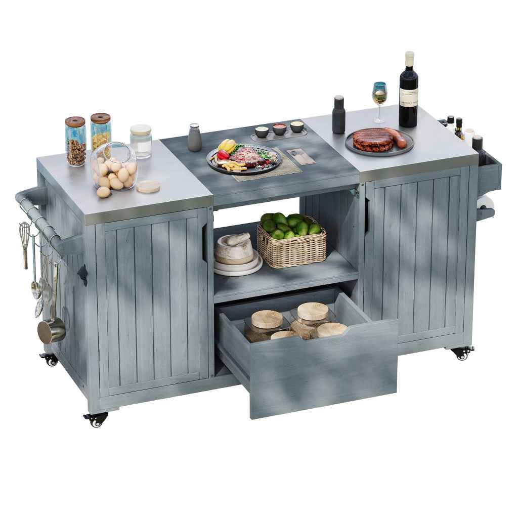 67" Light Blue Wood Rolling Kitchen Island With Storage
