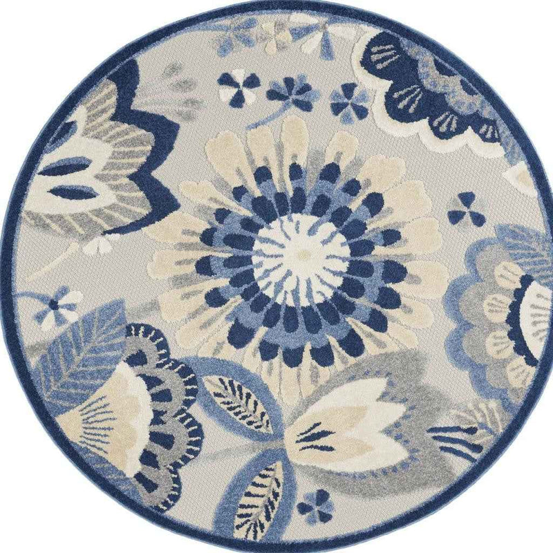 4' Blue Gray And Ivory Round Floral Indoor Outdoor Area Rug