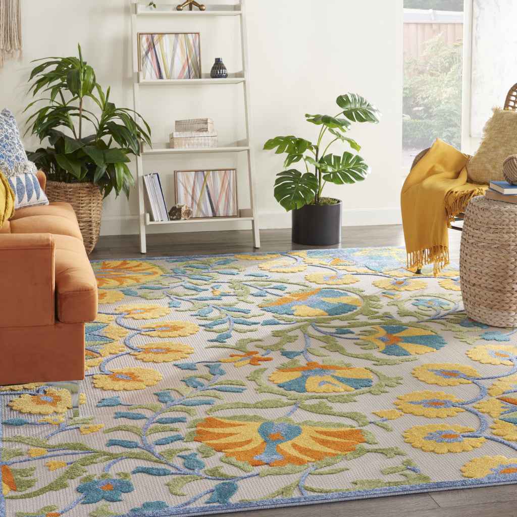 8' X 11' Ivory And Blue Floral Indoor Outdoor Area Rug