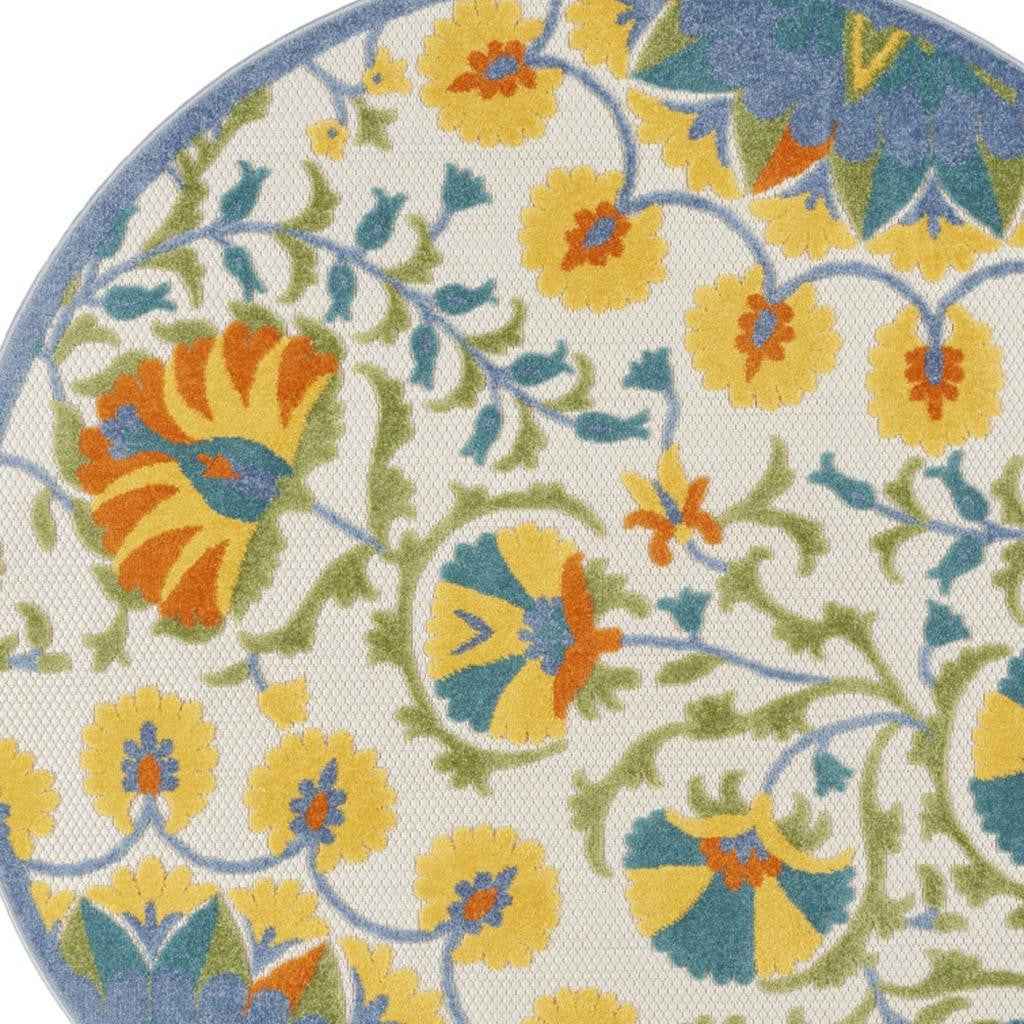 5' X 5' Ivory And Blue Round Floral Indoor Outdoor Area Rug