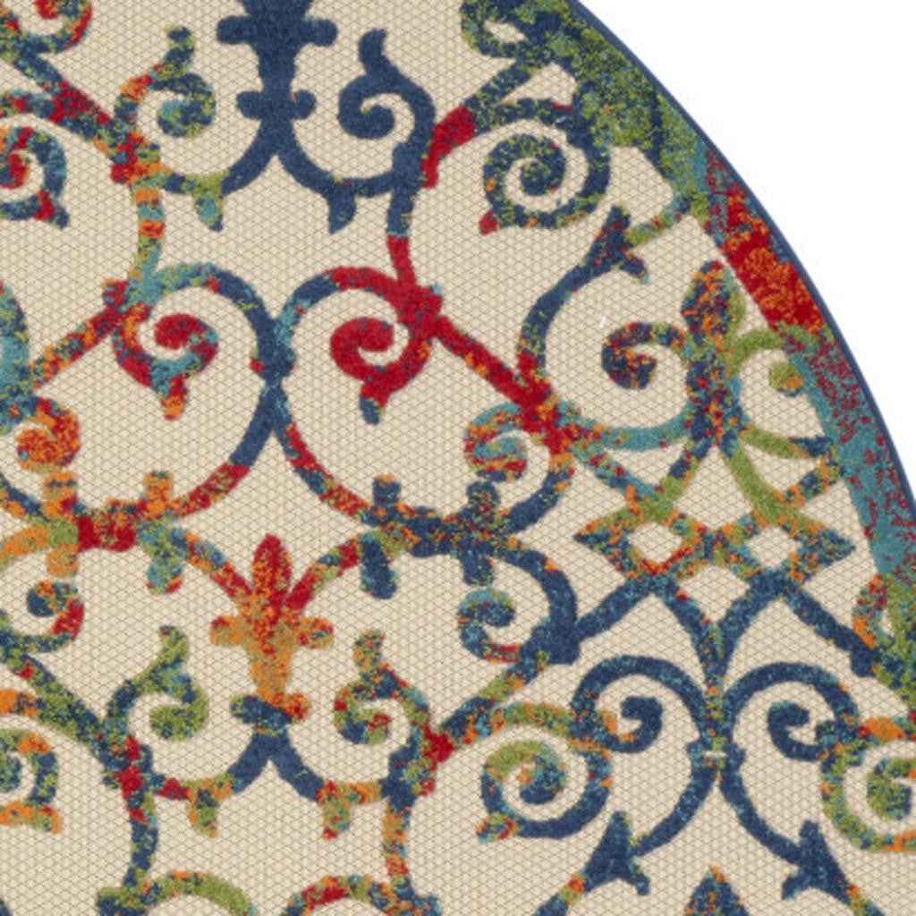 8' Ivory And Blue Round Indoor Outdoor Area Rug