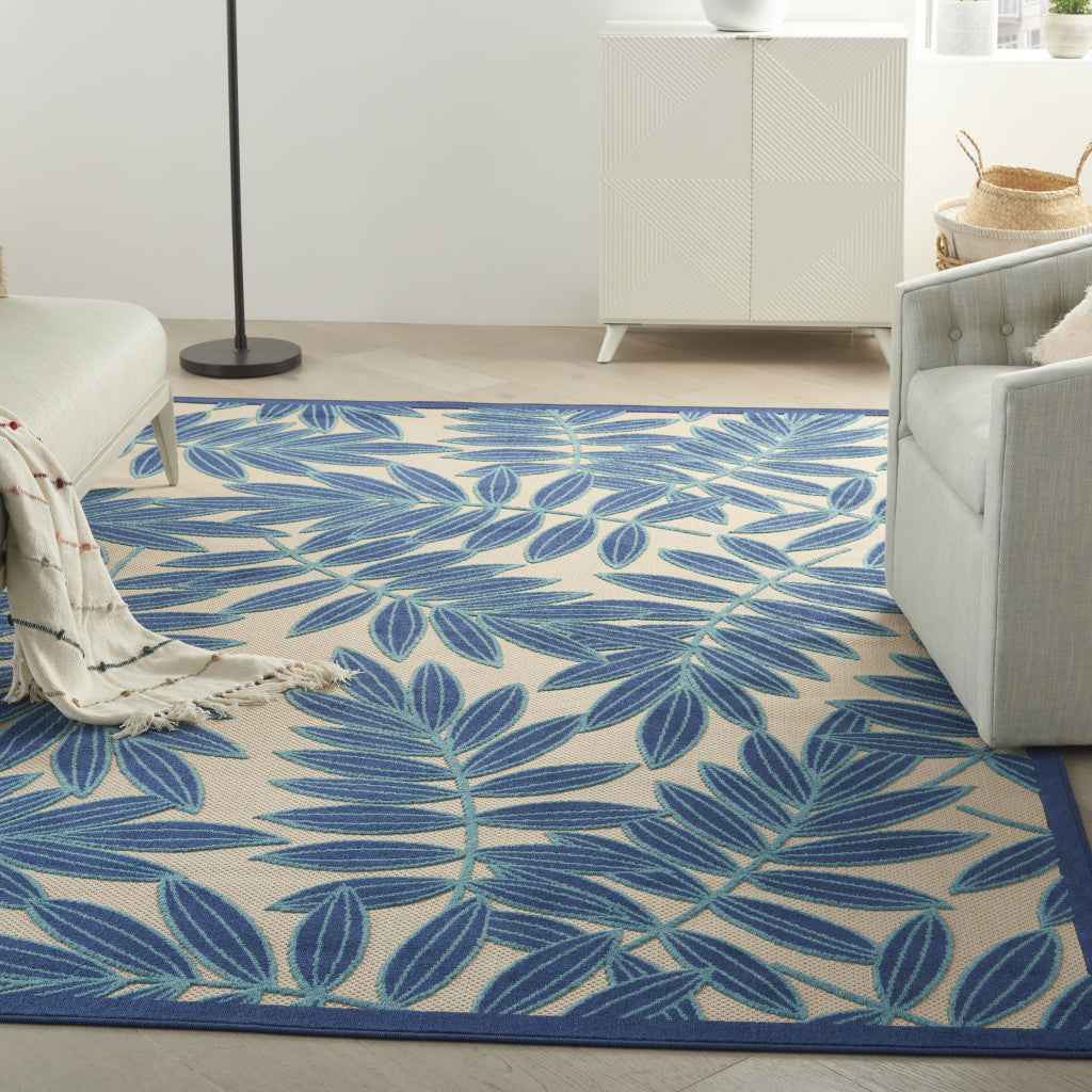 6' X 9' Blue And Ivory Floral Indoor Outdoor Area Rug
