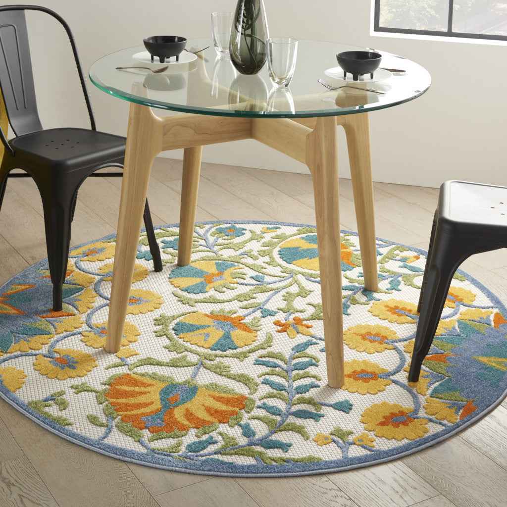 4' Ivory And Blue Round Floral Indoor Outdoor Area Rug