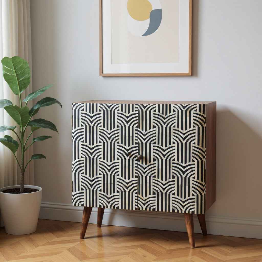 32" Brown Black and White Solid Wood And Inlaid Bone Textured Accent Cabinet With Two Doors