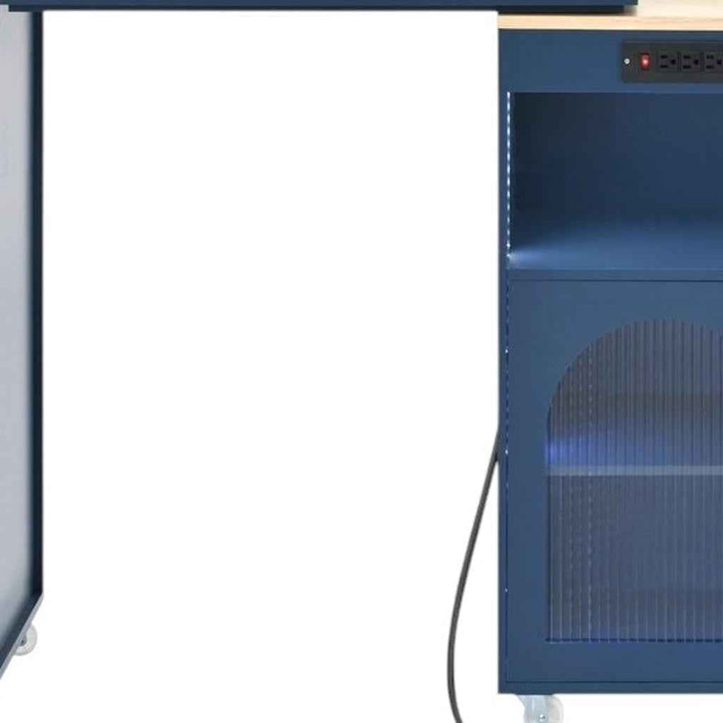 33" Navy Blue Wood Rolling Kitchen Island With Storage