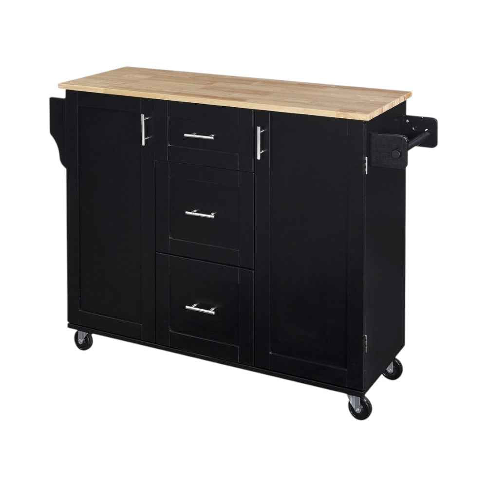 50" Black Wood Rolling Kitchen Island