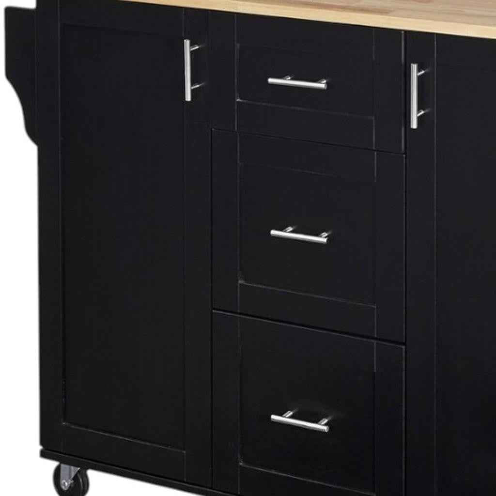 50" Black Wood Rolling Kitchen Island