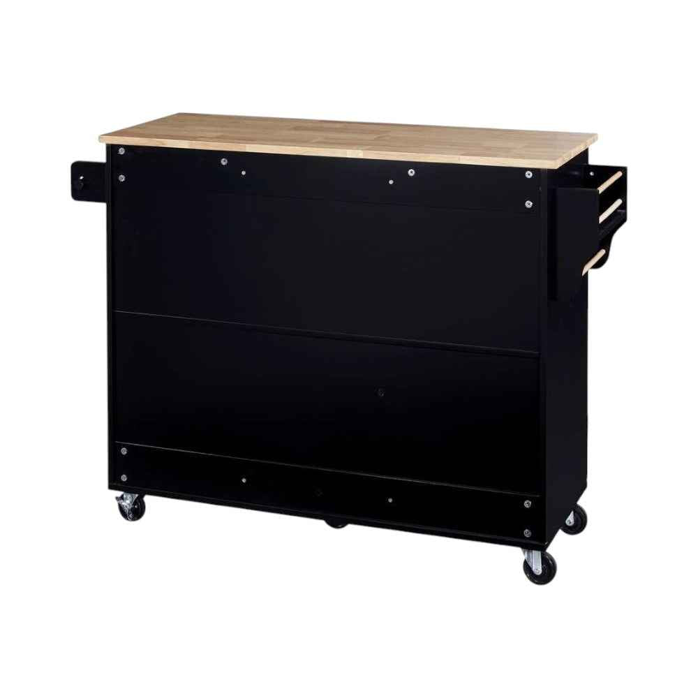50" Black Wood Rolling Kitchen Island