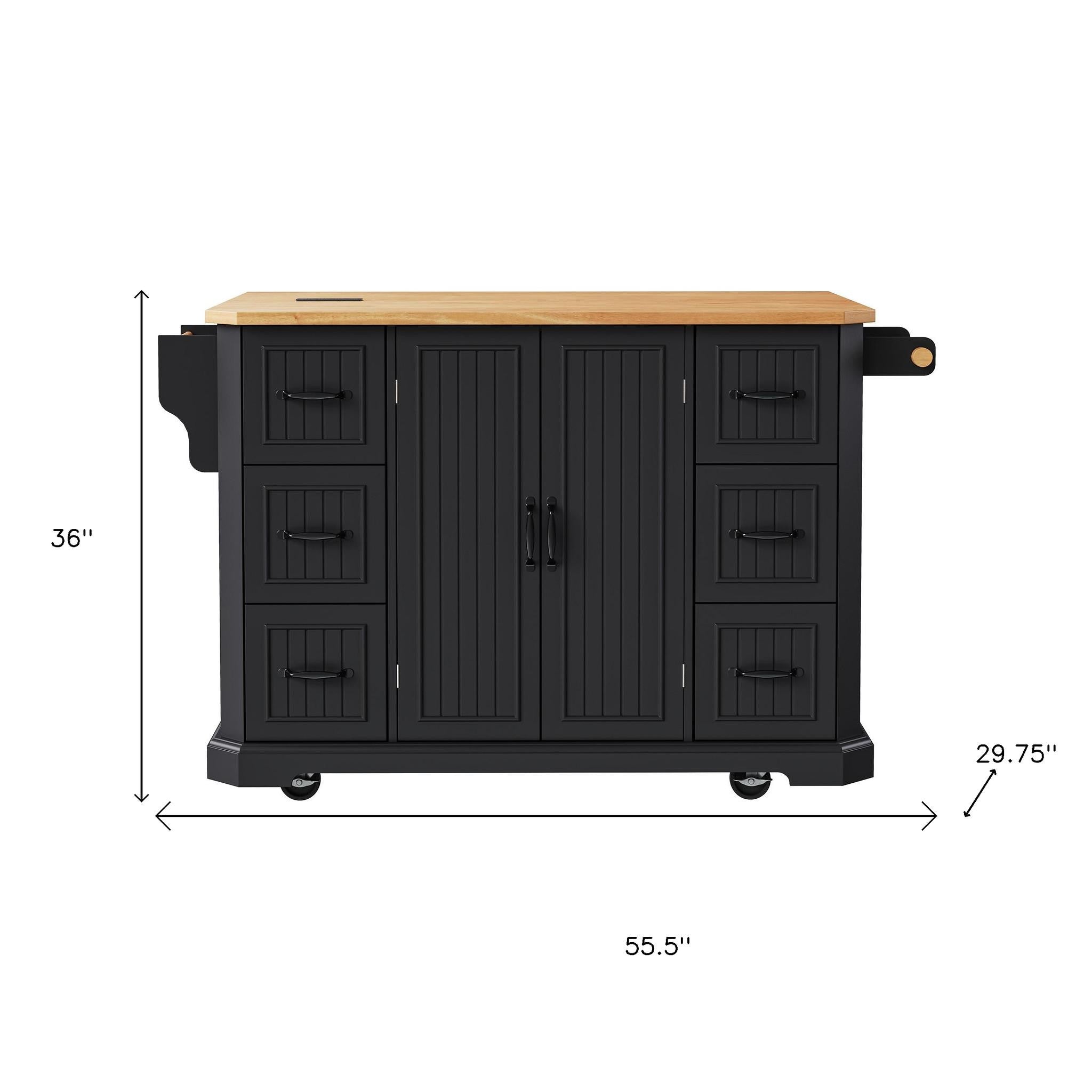 56" Black Wood Rolling Kitchen Island - GreatEagleInc