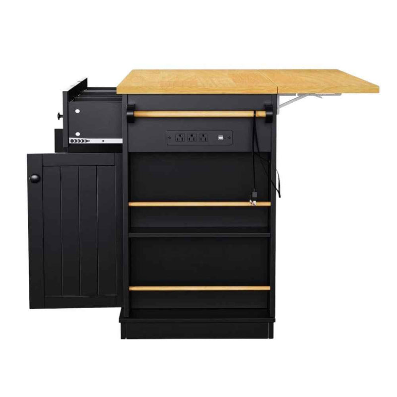 53" Black Wood Rolling Kitchen Island Set With Storage