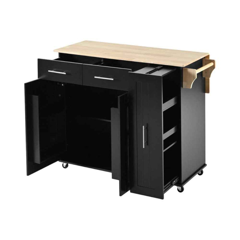 46" Black Wood Rolling Kitchen Island With Storage