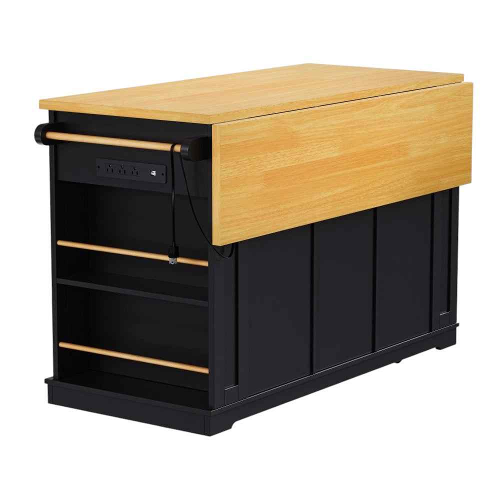 53" Black Wood Rolling Kitchen Island Set With Storage
