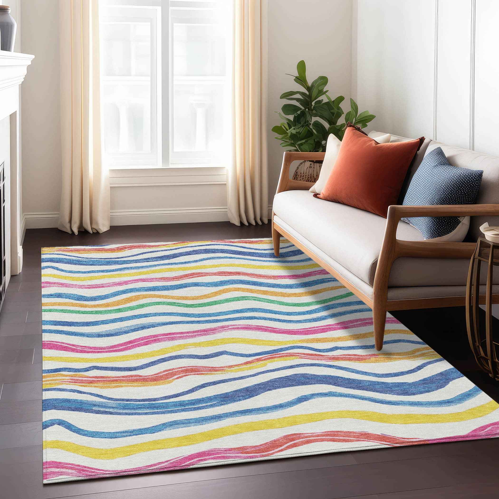 3' X 5' Ivory Blue Pink And Yellow Striped Washable Indoor Outdoor Area Rug