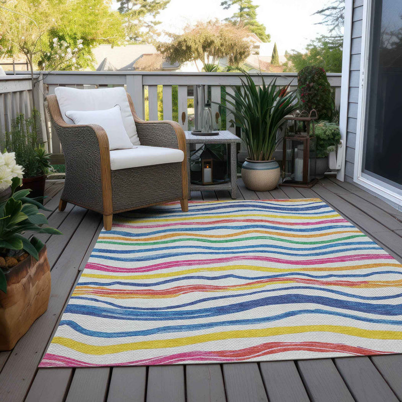 3' X 5' Ivory Blue Pink And Yellow Striped Washable Indoor Outdoor Area Rug