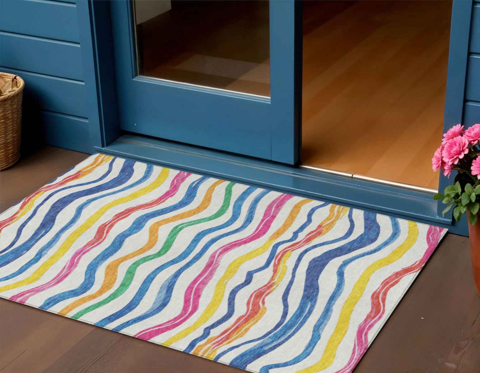 3' X 5' Ivory Blue Pink And Yellow Striped Washable Indoor Outdoor Area Rug