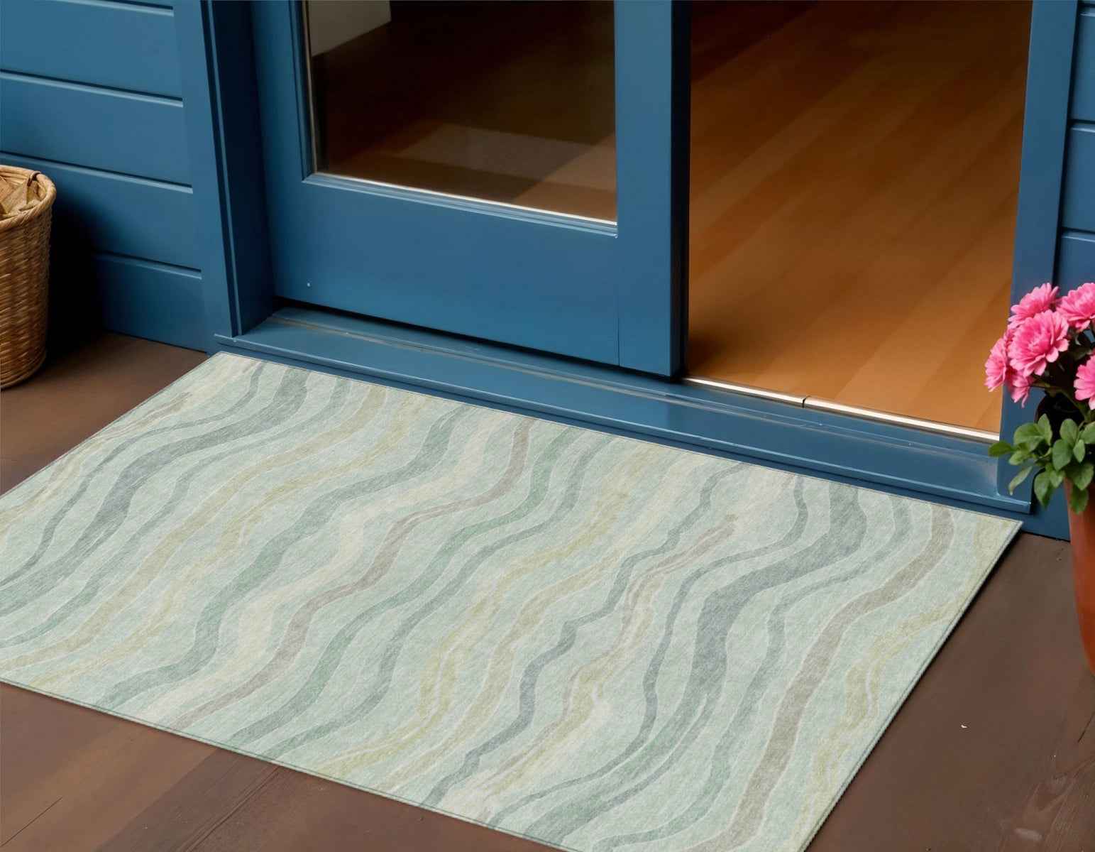 3' X 5' Sage And Taupe Striped Washable Indoor Outdoor Area Rug