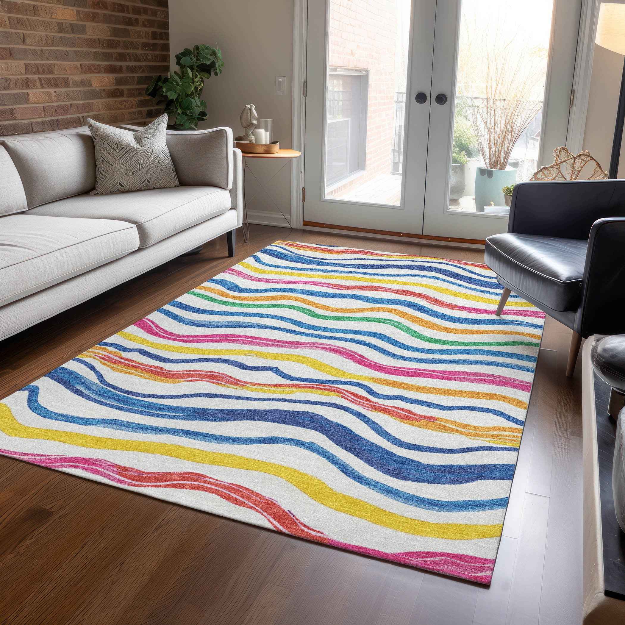 8' X 10' Ivory Blue Pink And Yellow Striped Washable Indoor Outdoor Area Rug