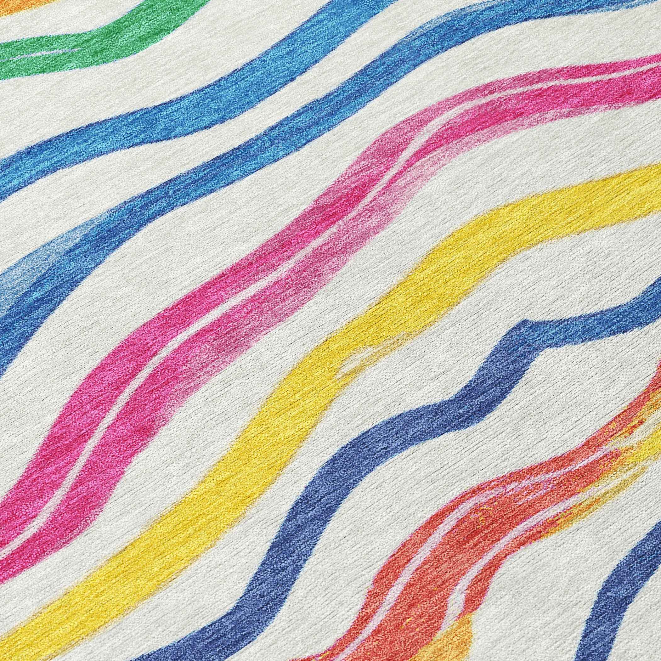8' X 10' Ivory Blue Pink And Yellow Striped Washable Indoor Outdoor Area Rug