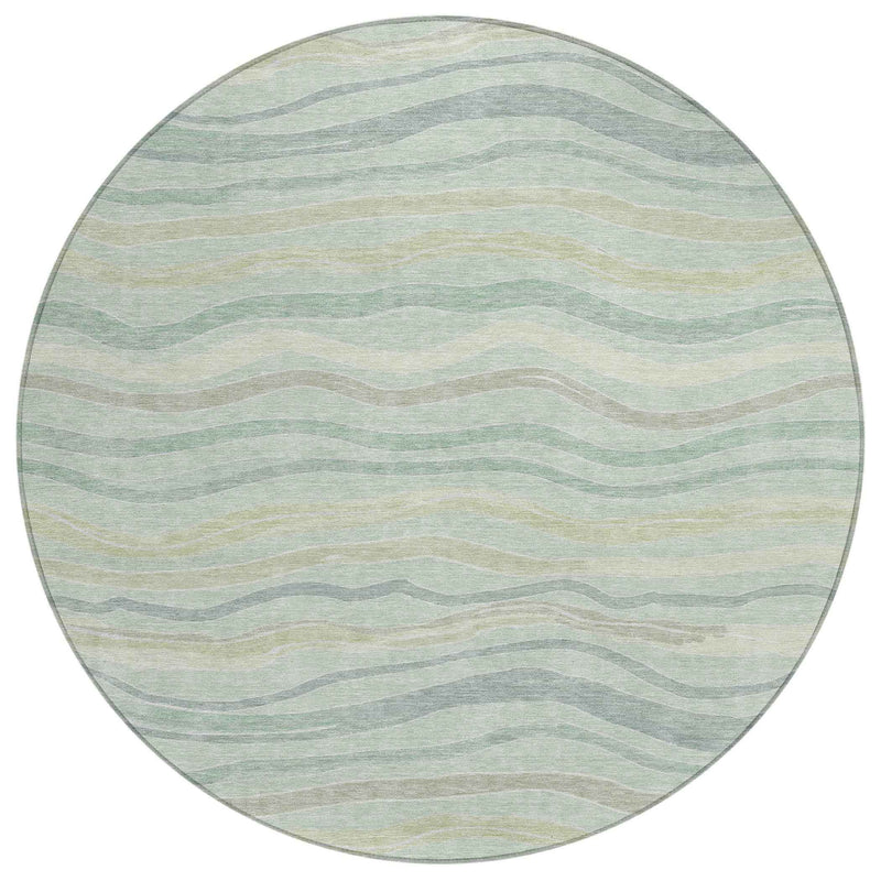 8' Sage And Taupe Round Striped Washable Indoor Outdoor Area Rug