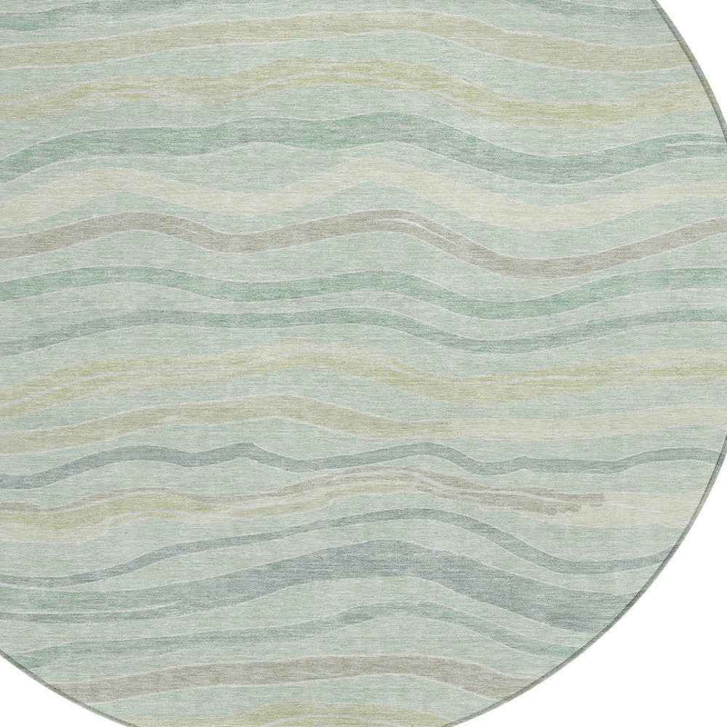 8' Sage And Taupe Round Striped Washable Indoor Outdoor Area Rug