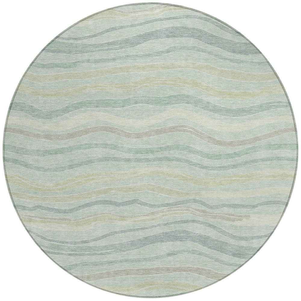 8' Sage And Taupe Round Striped Washable Indoor Outdoor Area Rug