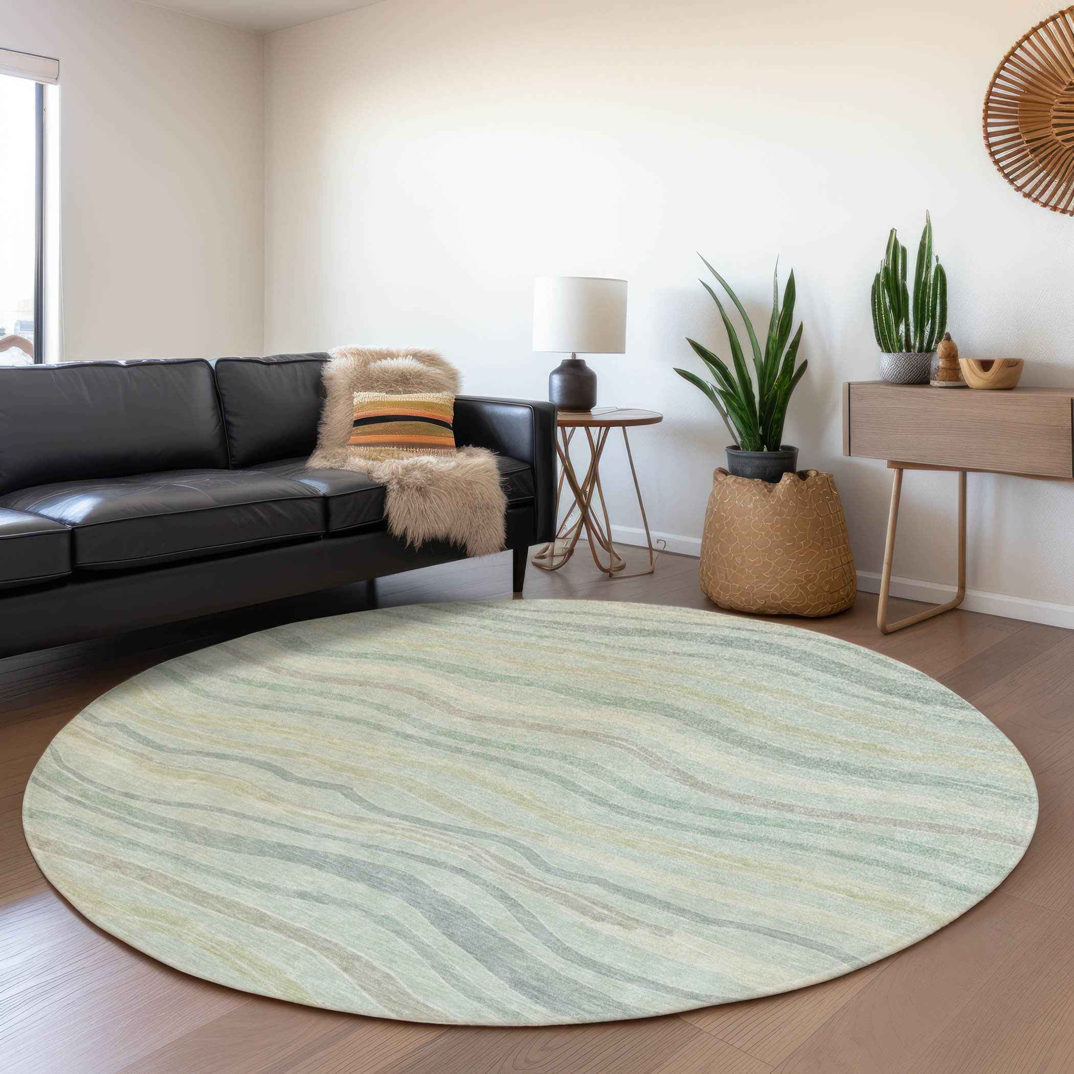 8' Sage And Taupe Round Striped Washable Indoor Outdoor Area Rug