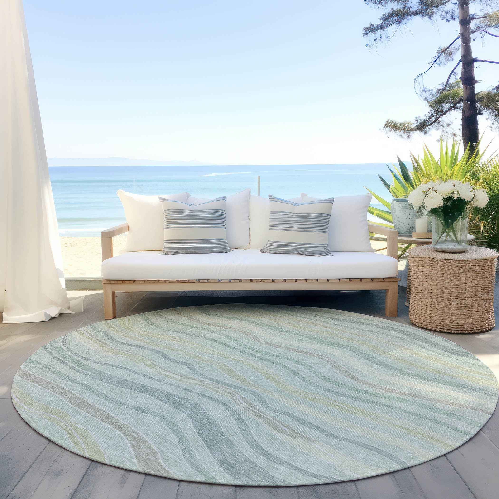 8' Sage And Taupe Round Striped Washable Indoor Outdoor Area Rug