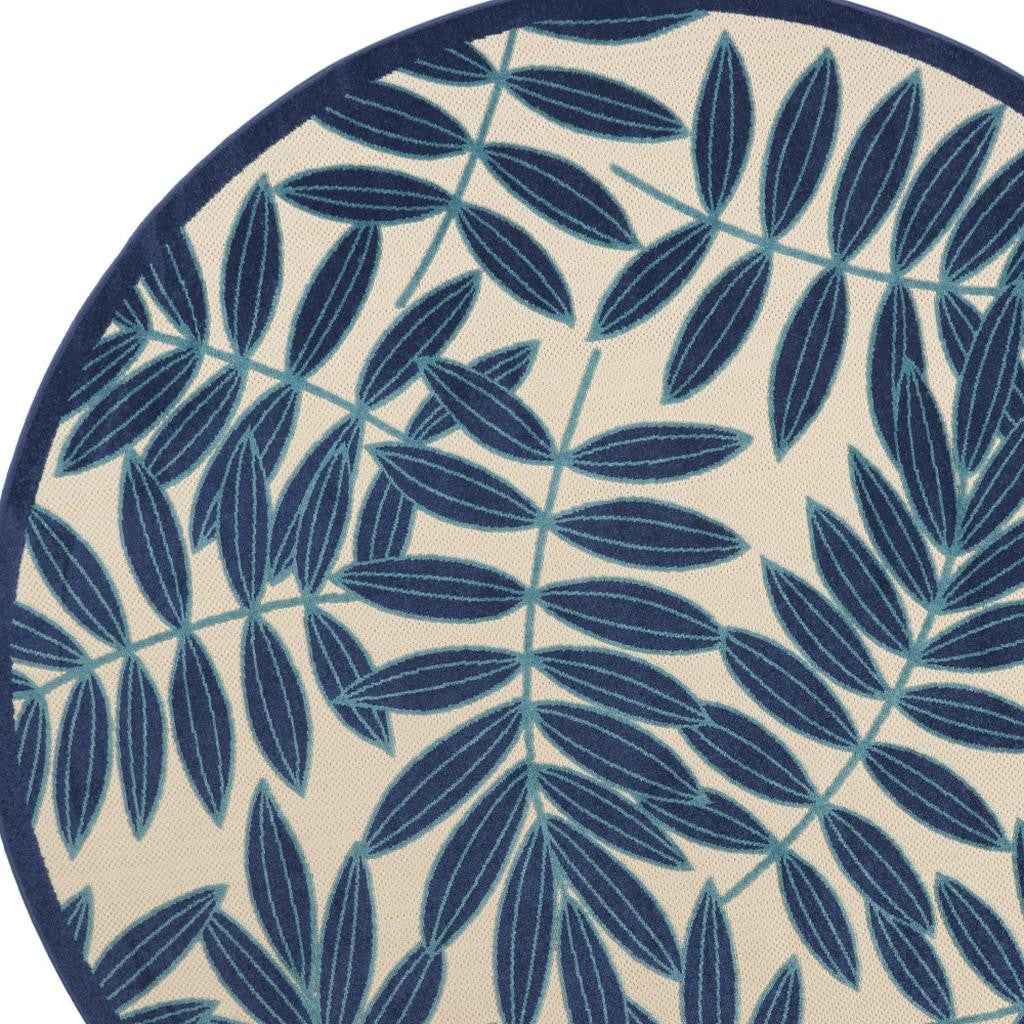 8' Blue And Ivory Round Floral Indoor Outdoor Area Rug