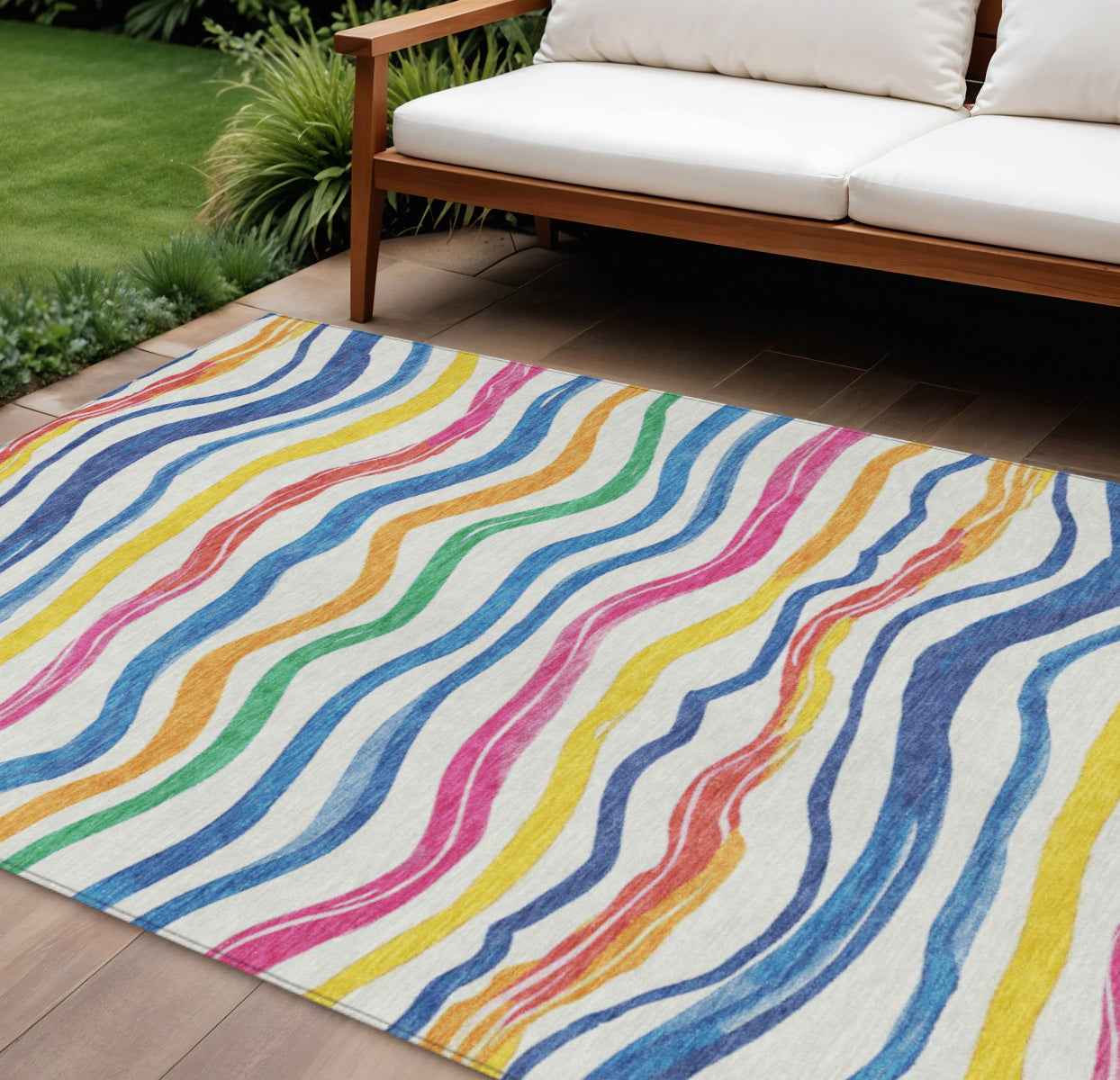 9' X 12' Ivory Blue Pink And Yellow Striped Washable Indoor Outdoor Area Rug