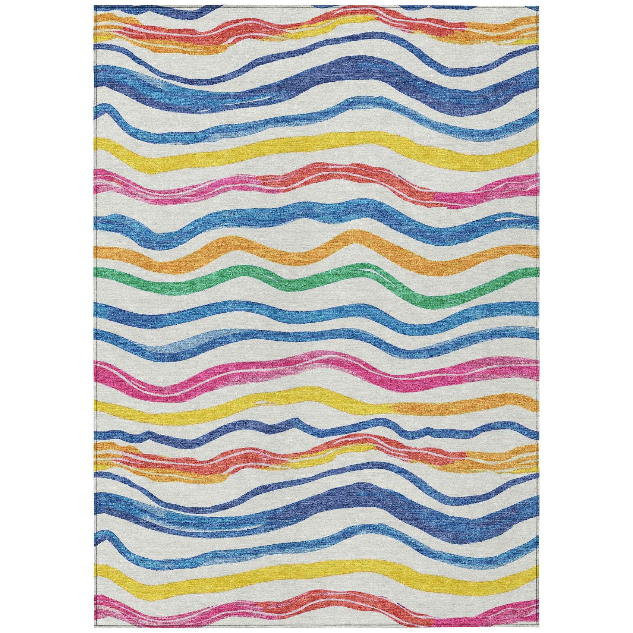 9' X 12' Ivory Blue Pink And Yellow Striped Washable Indoor Outdoor Area Rug