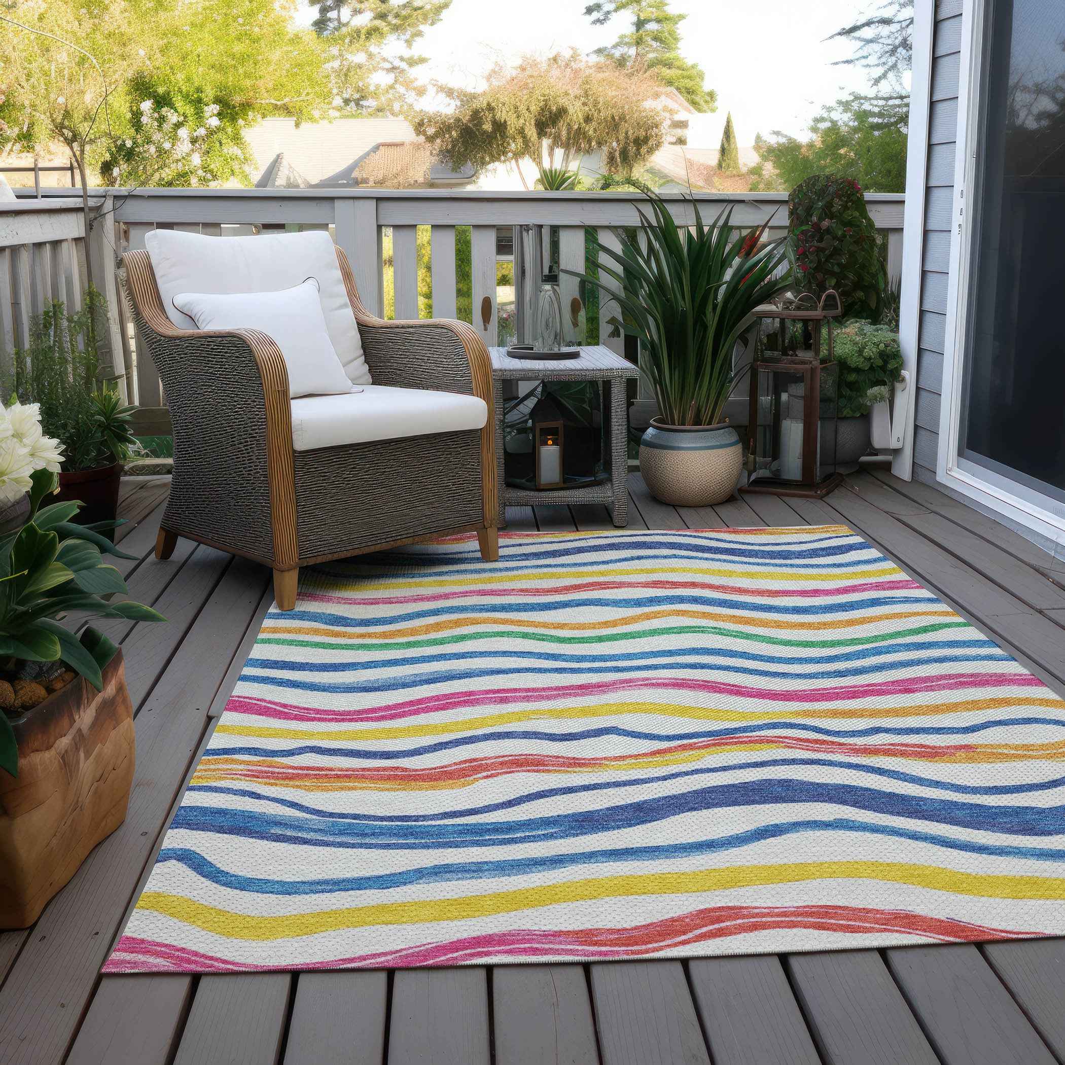 9' X 12' Ivory Blue Pink And Yellow Striped Washable Indoor Outdoor Area Rug