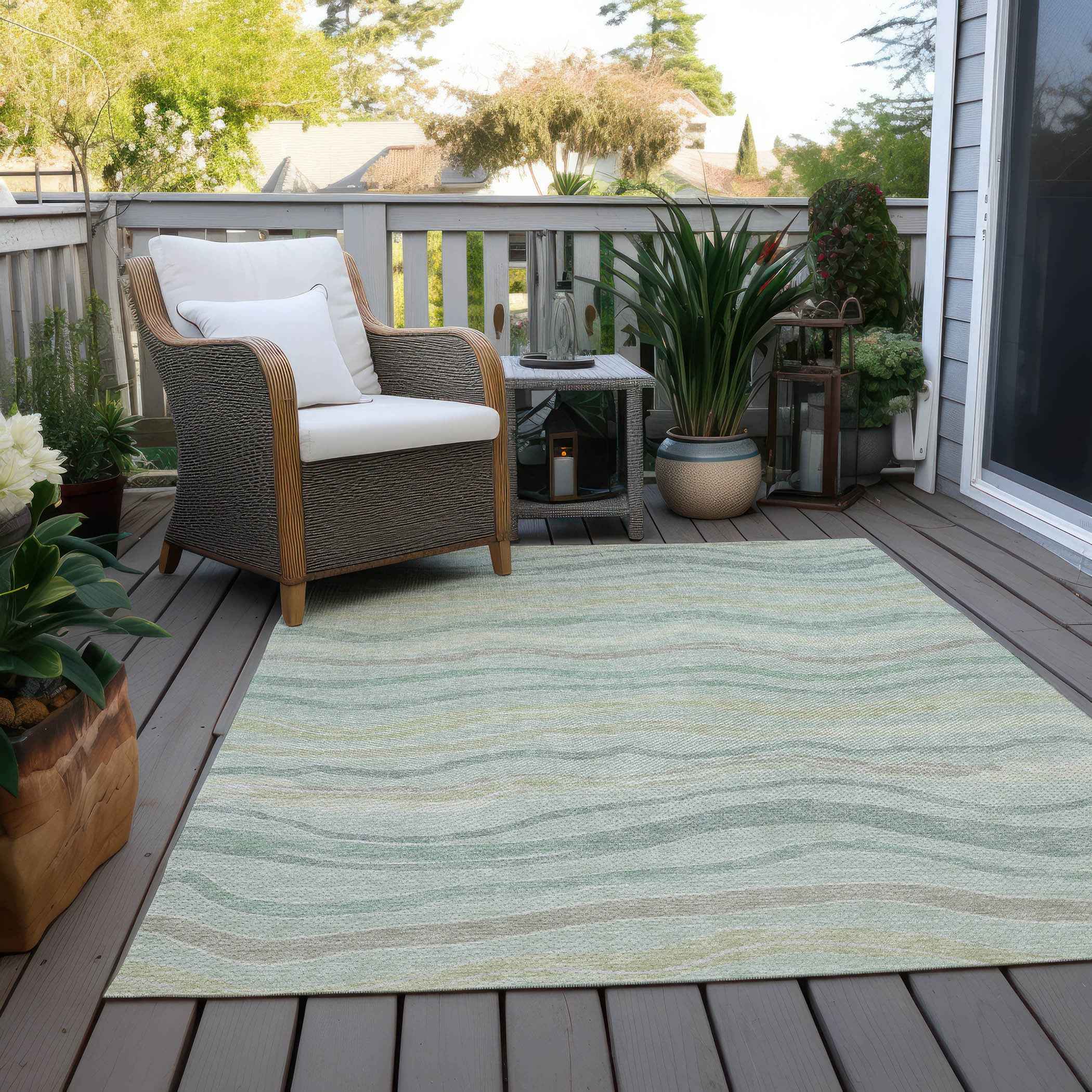 8' X 10' Sage And Taupe Striped Washable Indoor Outdoor Area Rug