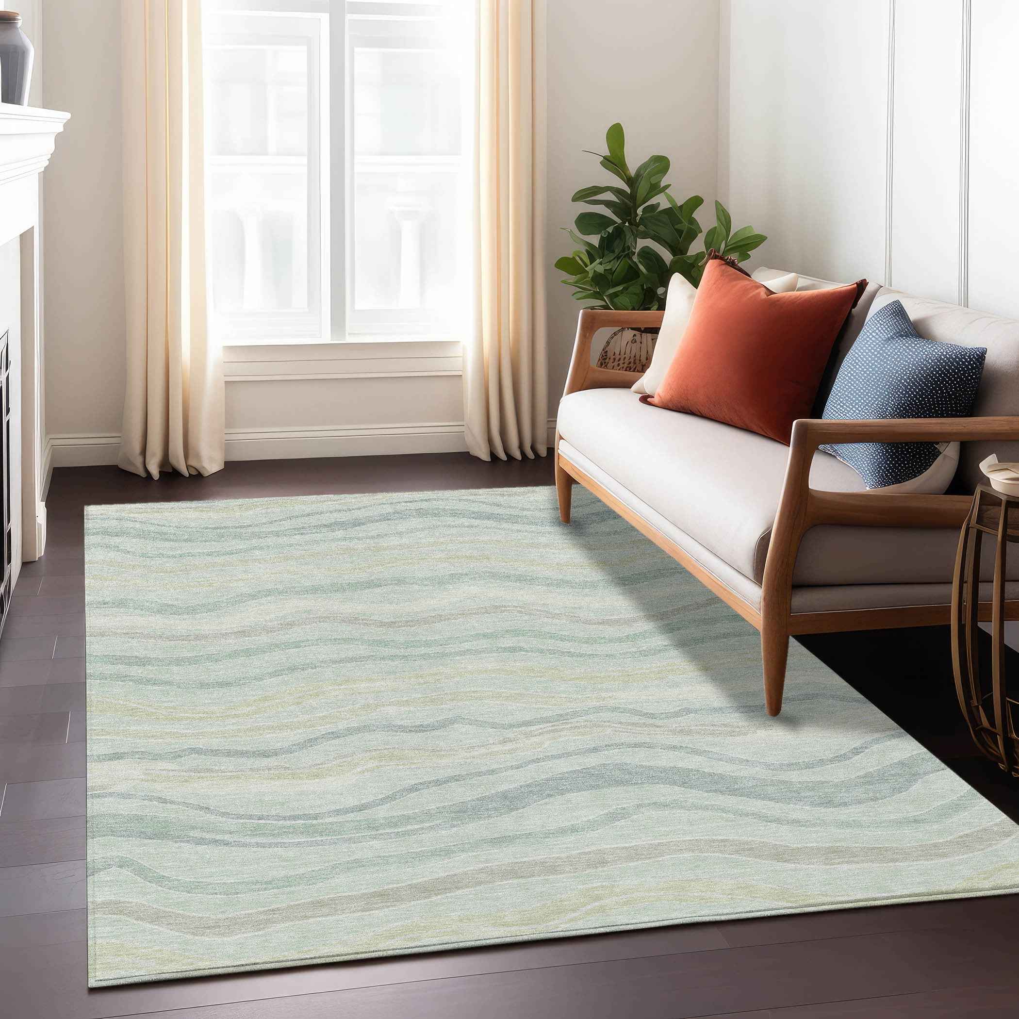 8' X 10' Sage And Taupe Striped Washable Indoor Outdoor Area Rug