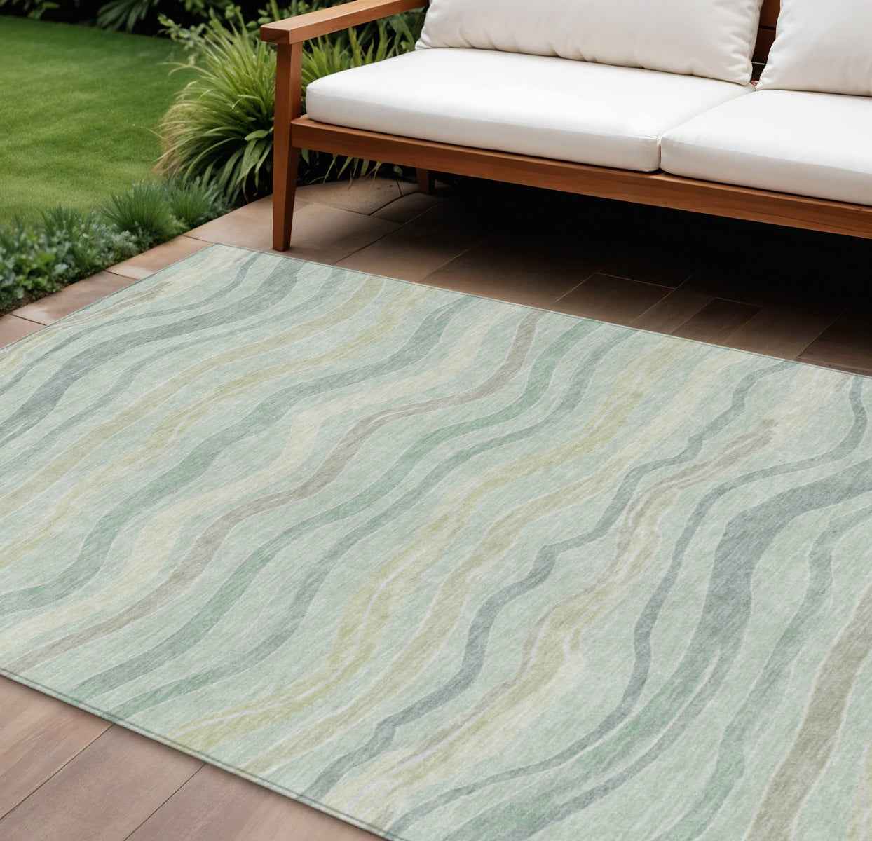 8' X 10' Sage And Taupe Striped Washable Indoor Outdoor Area Rug