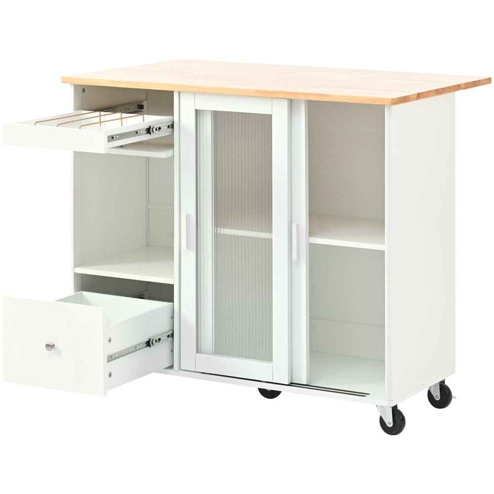 44" White Wood Rolling Kitchen Island With Storage