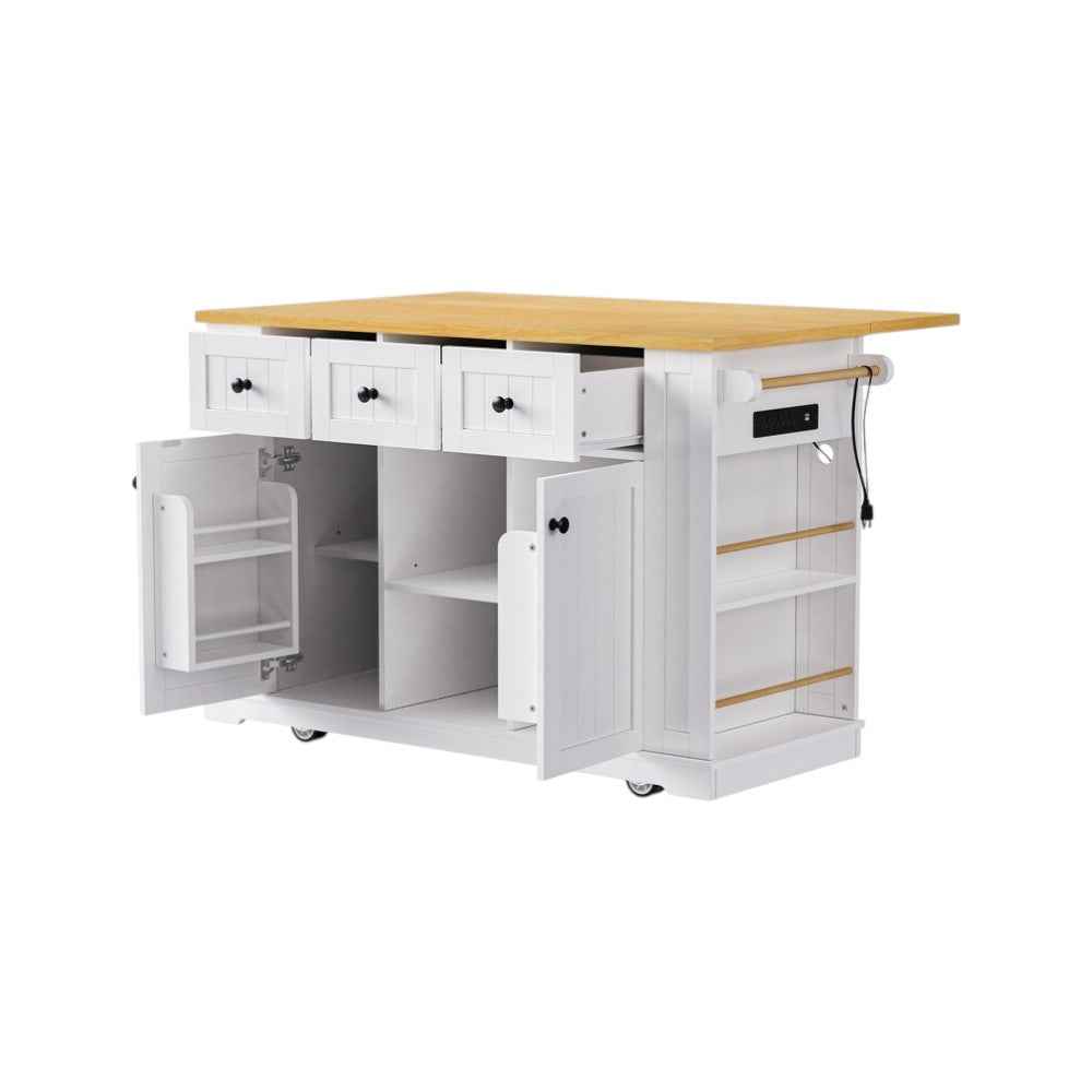 53" White Wood Rolling Kitchen Island Set With Storage