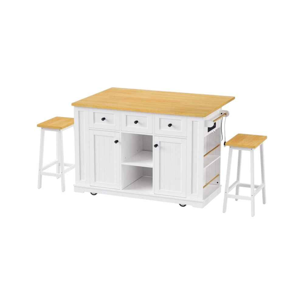 53" White Wood Rolling Kitchen Island Set With Storage