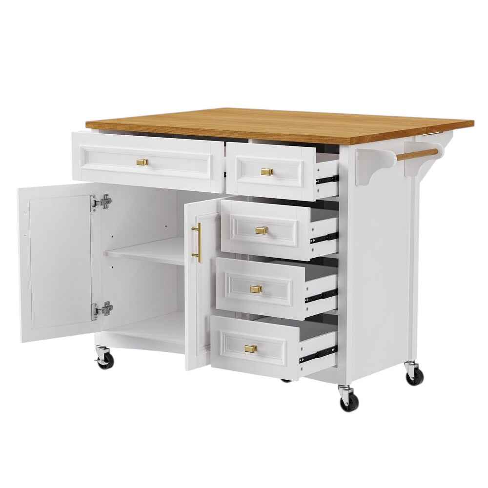 52" White Wood Rolling Kitchen Island