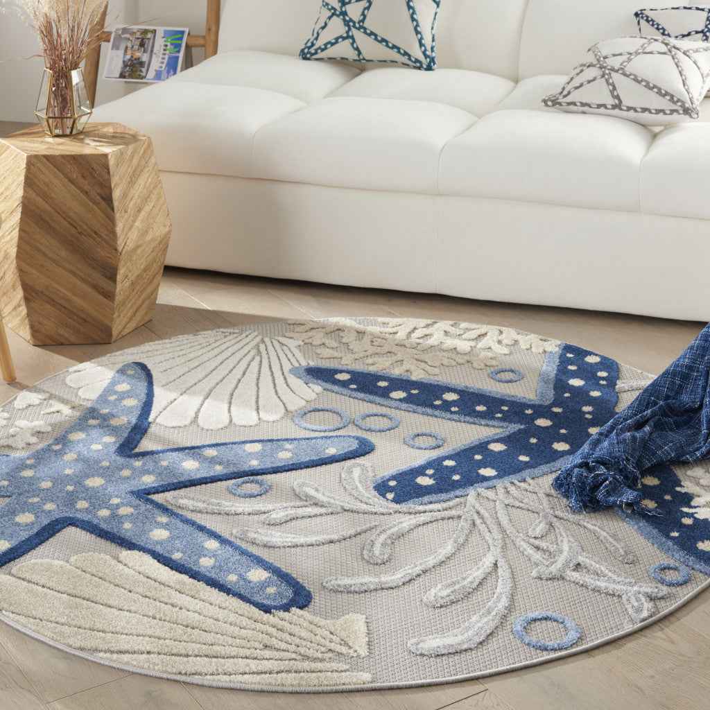 5' Blue And Gray Round Indoor Outdoor Area Rug
