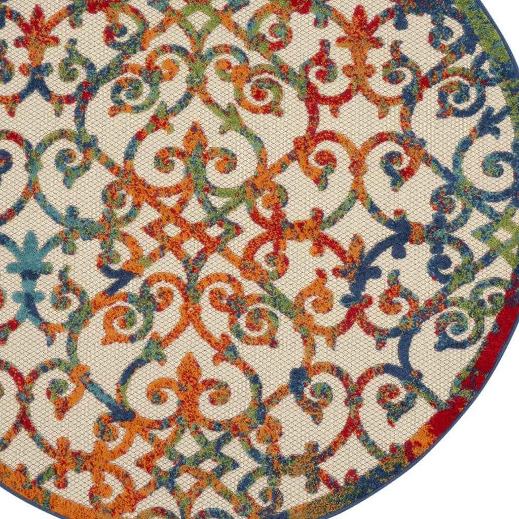 5' Ivory And Blue Round Indoor Outdoor Area Rug