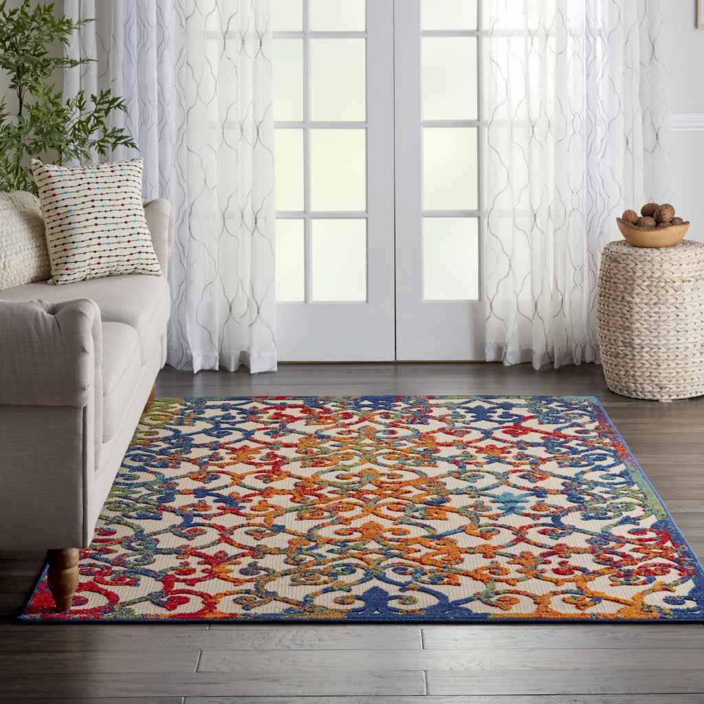 5' X 8' Ivory And Blue Indoor Outdoor Area Rug
