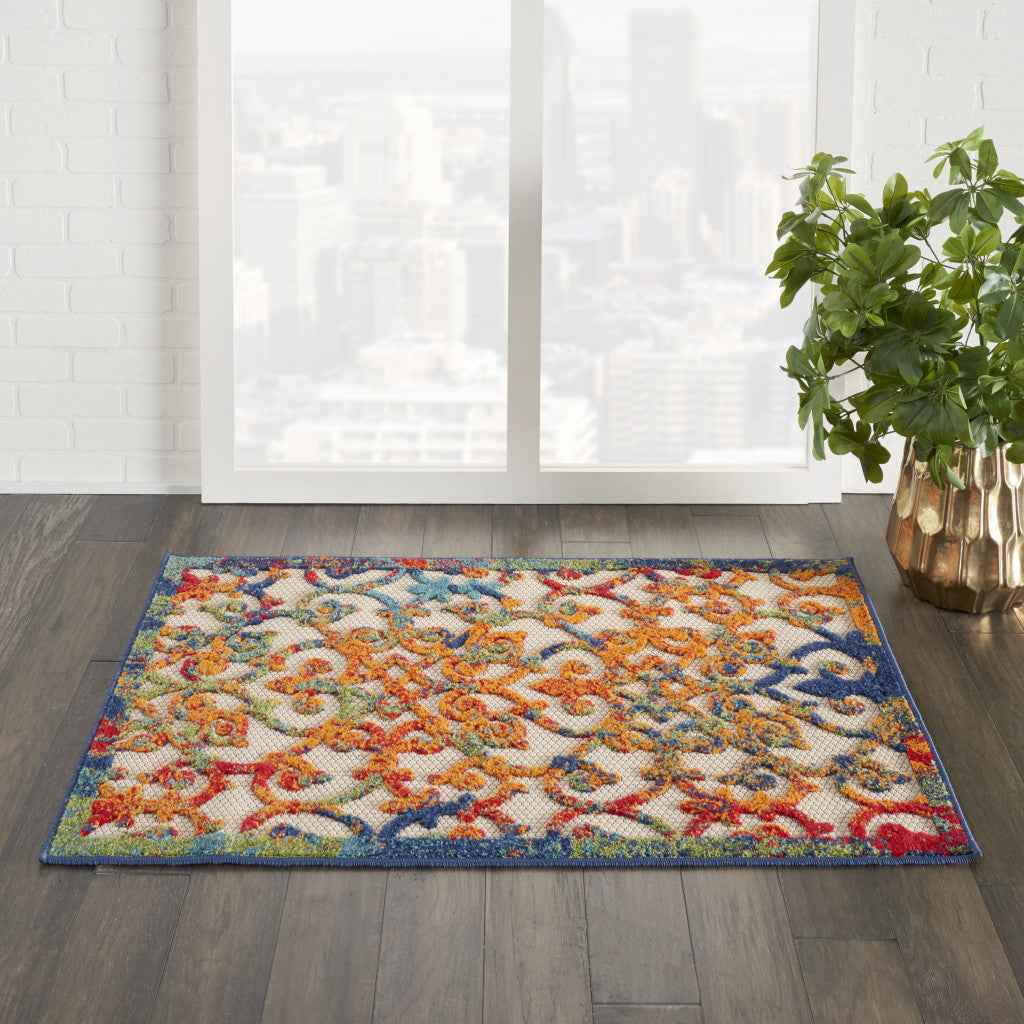 3' X 4' Ivory And Blue Indoor Outdoor Area Rug