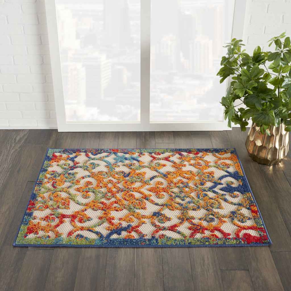 3' X 4' Ivory And Blue Indoor Outdoor Area Rug