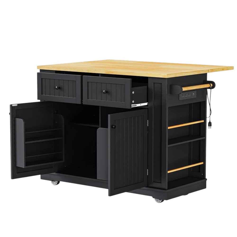 45" Black Wood Rolling Kitchen Island Set With Storage