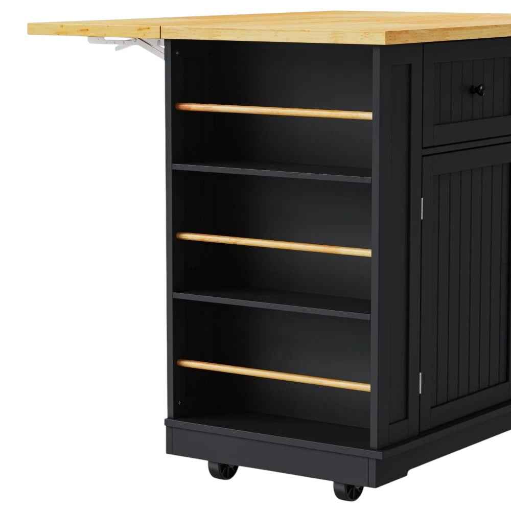 48" Black Wood Rolling Kitchen Island With Storage