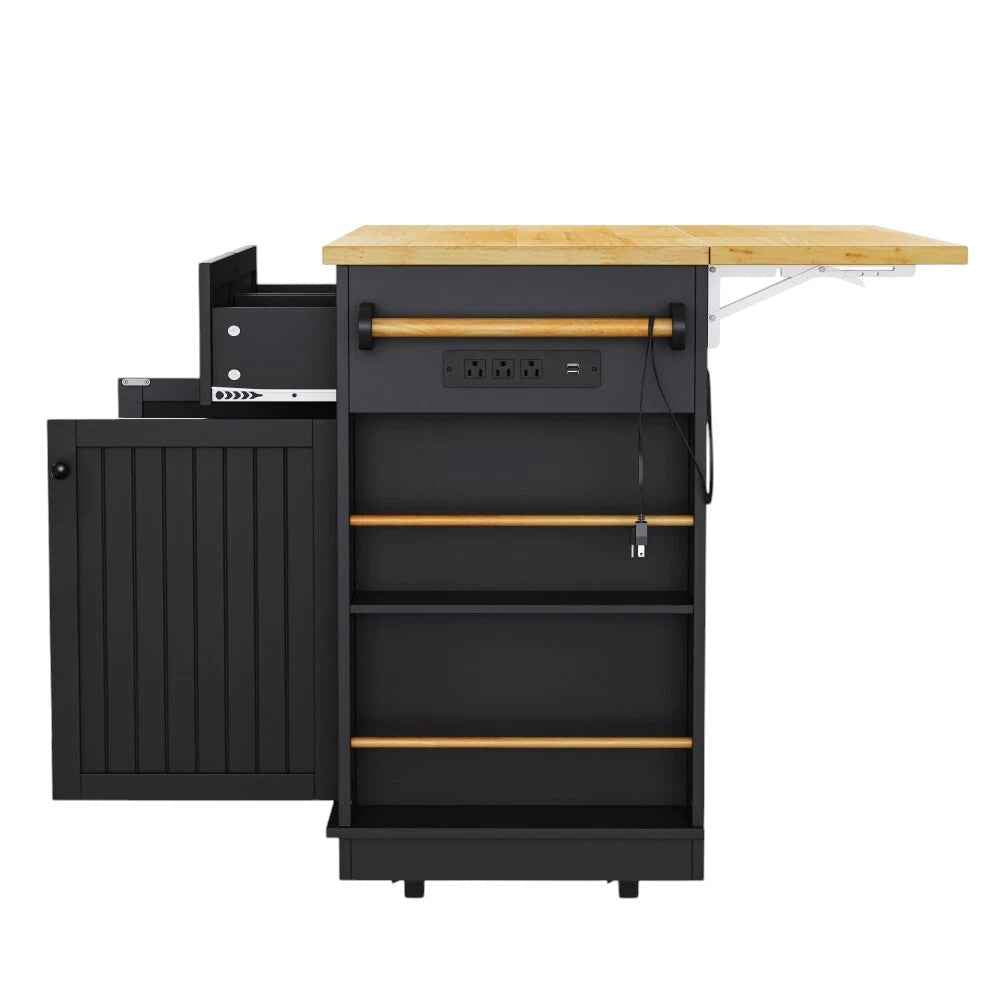 48" Black Wood Rolling Kitchen Island With Storage