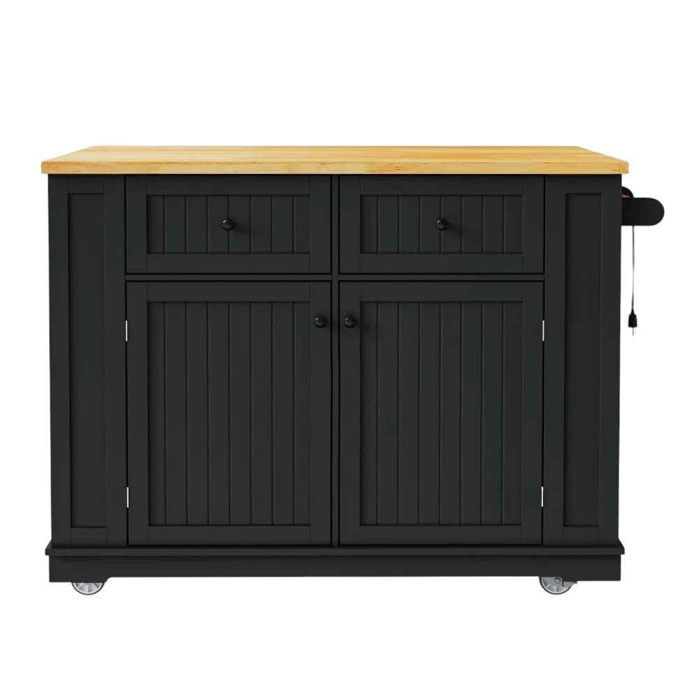 48" Black Wood Rolling Kitchen Island With Storage