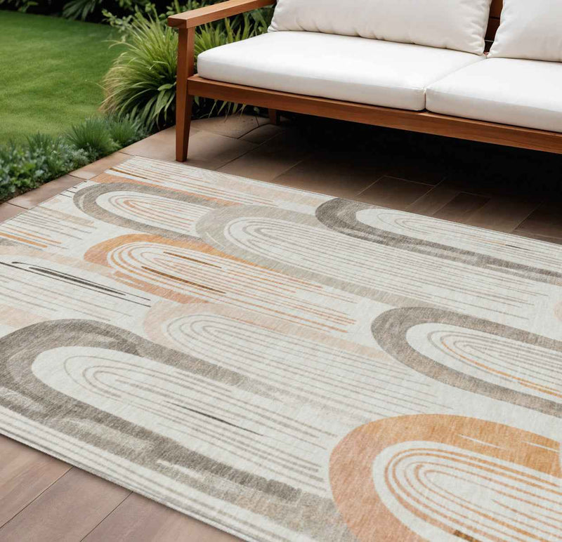 8' X 10' Ivory And Taupe Geometric Washable Indoor Outdoor Area Rug