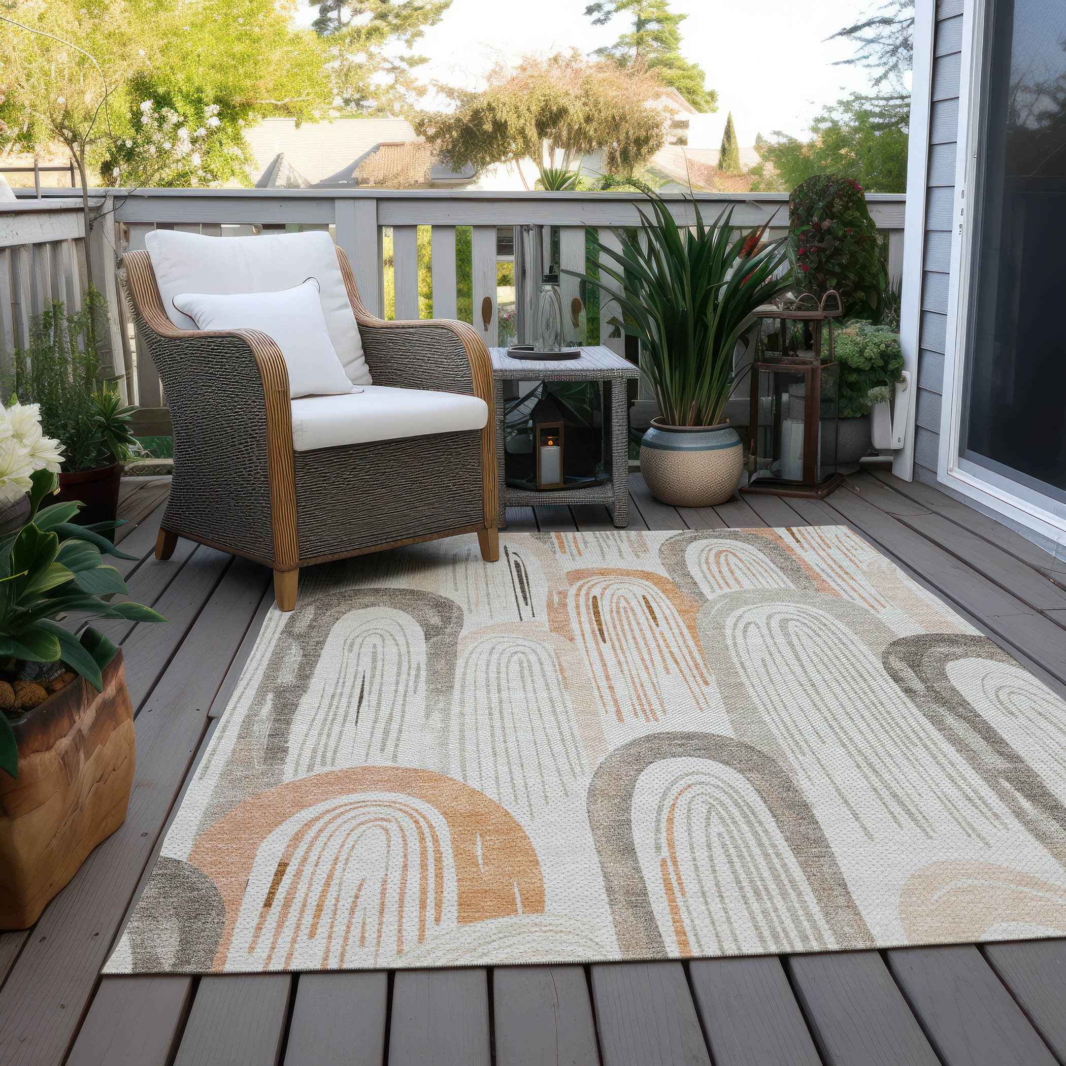 9' X 12' Ivory And Taupe Geometric Washable Indoor Outdoor Area Rug